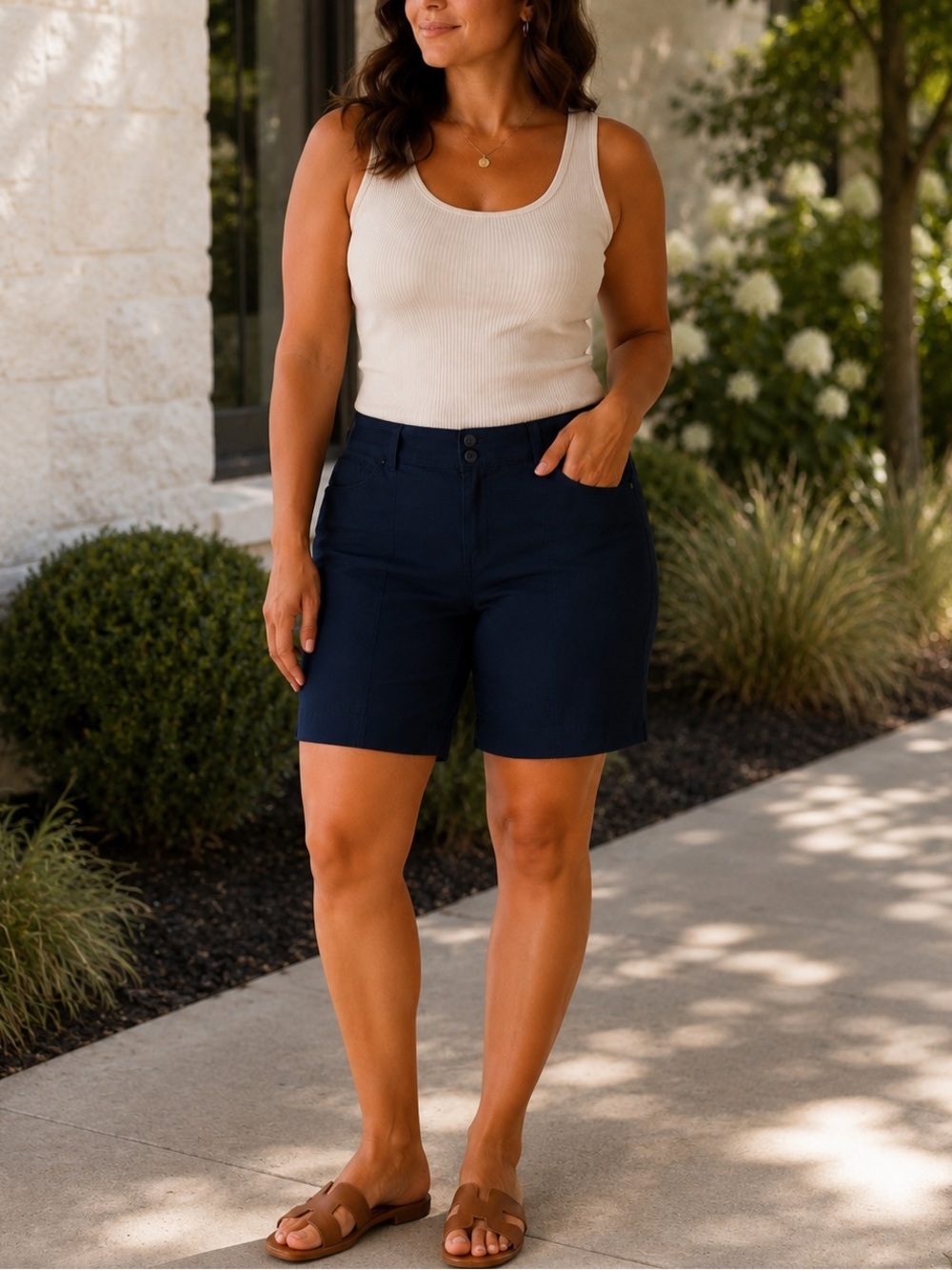 Lee Navy Mid-Rise Stretch Bermuda Shorts
